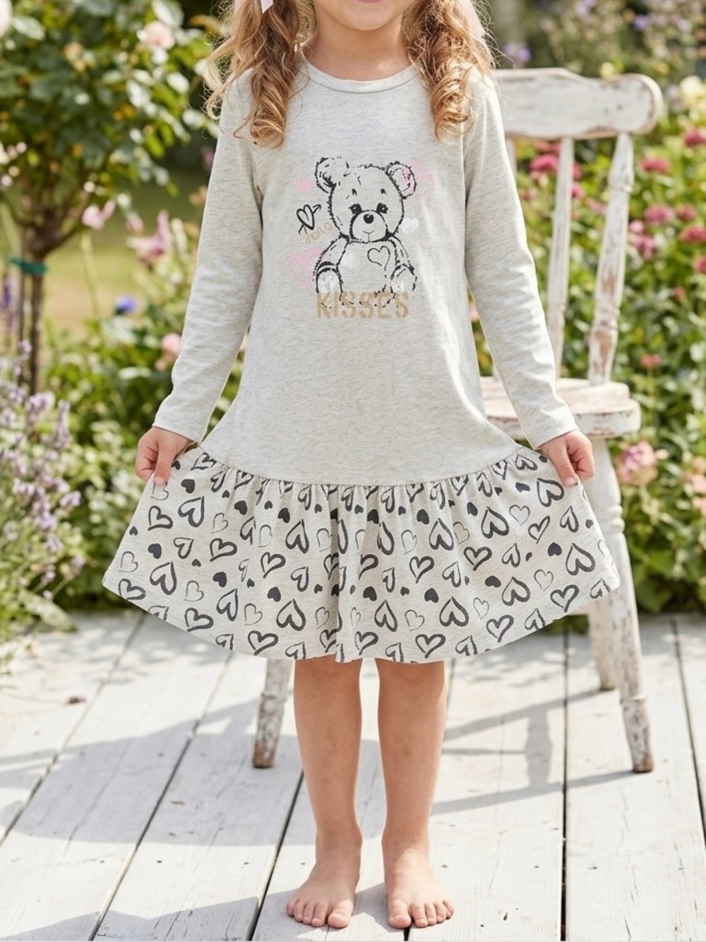 Beige Teddy Heart Print Casual Kids Dress